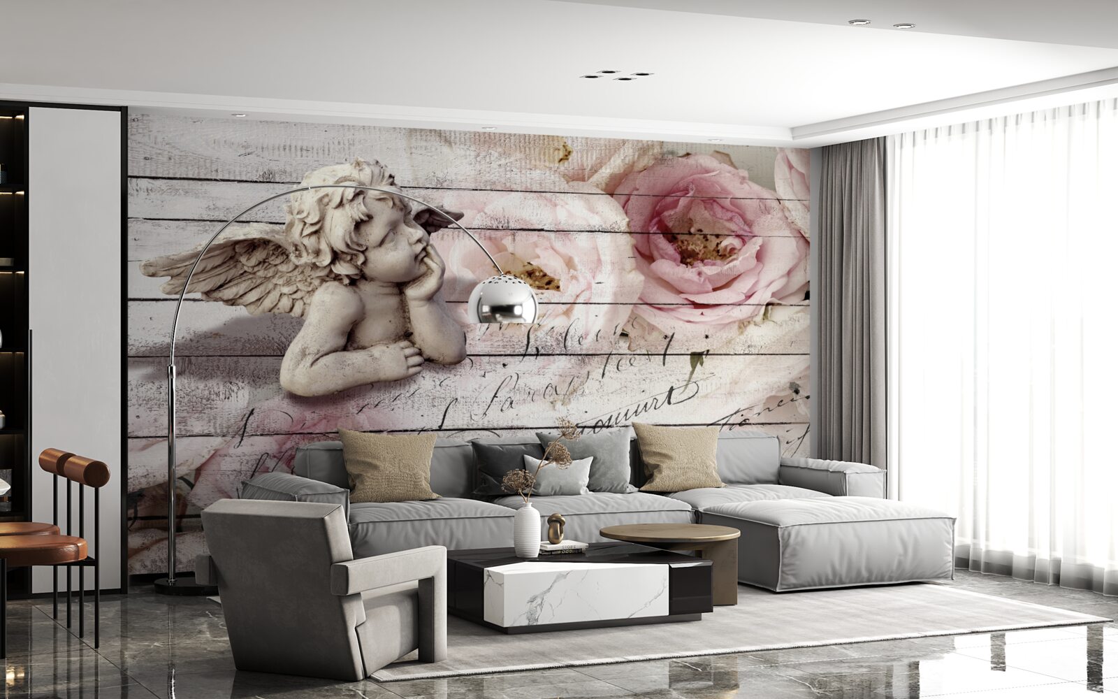 Fototapeta zamyślony mały aniołek na parkietowej podłodze