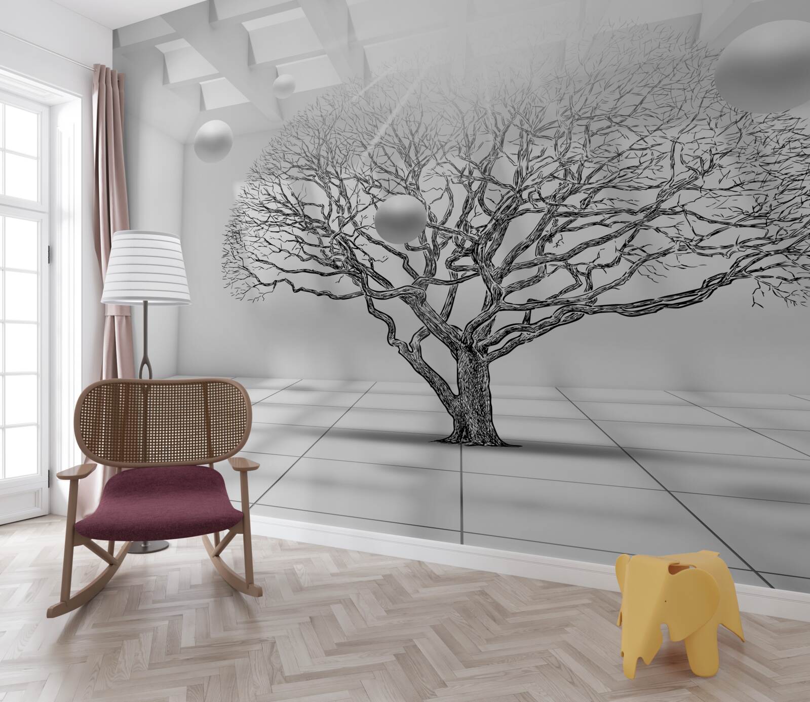 Fototapeta bezlistne drzewo w centrum jasnej przestrzeni