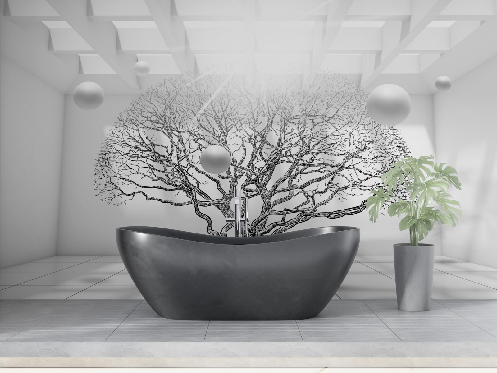 Fototapeta bezlistne drzewo w centrum jasnej przestrzeni