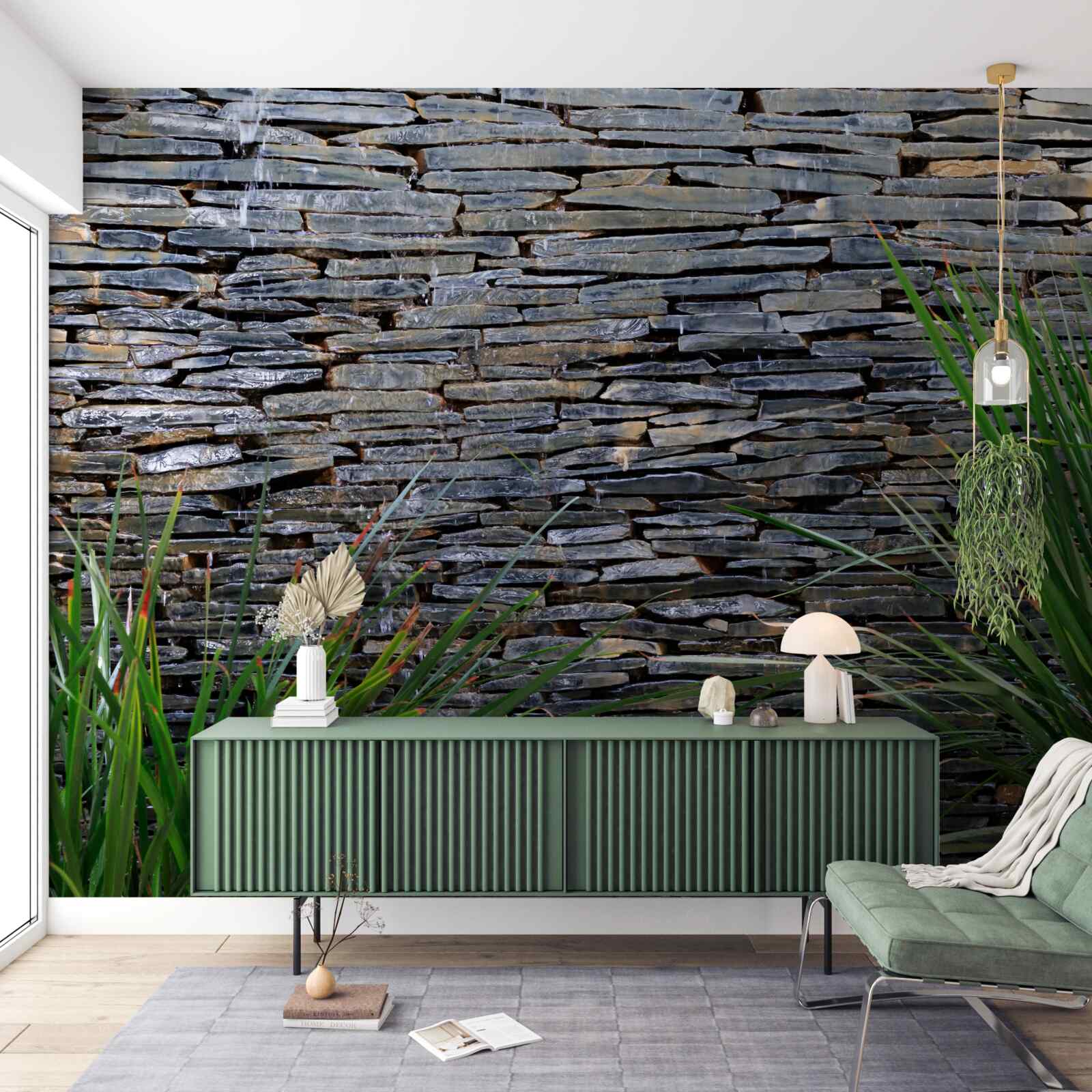 Fototapeta zielona roślinność i kamienna ściana