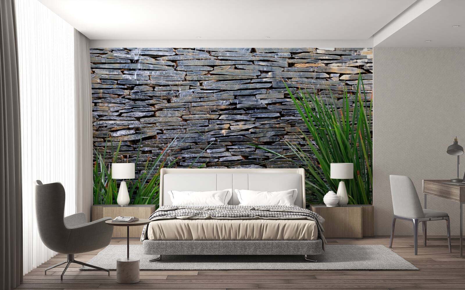 Fototapeta zielona roślinność i kamienna ściana