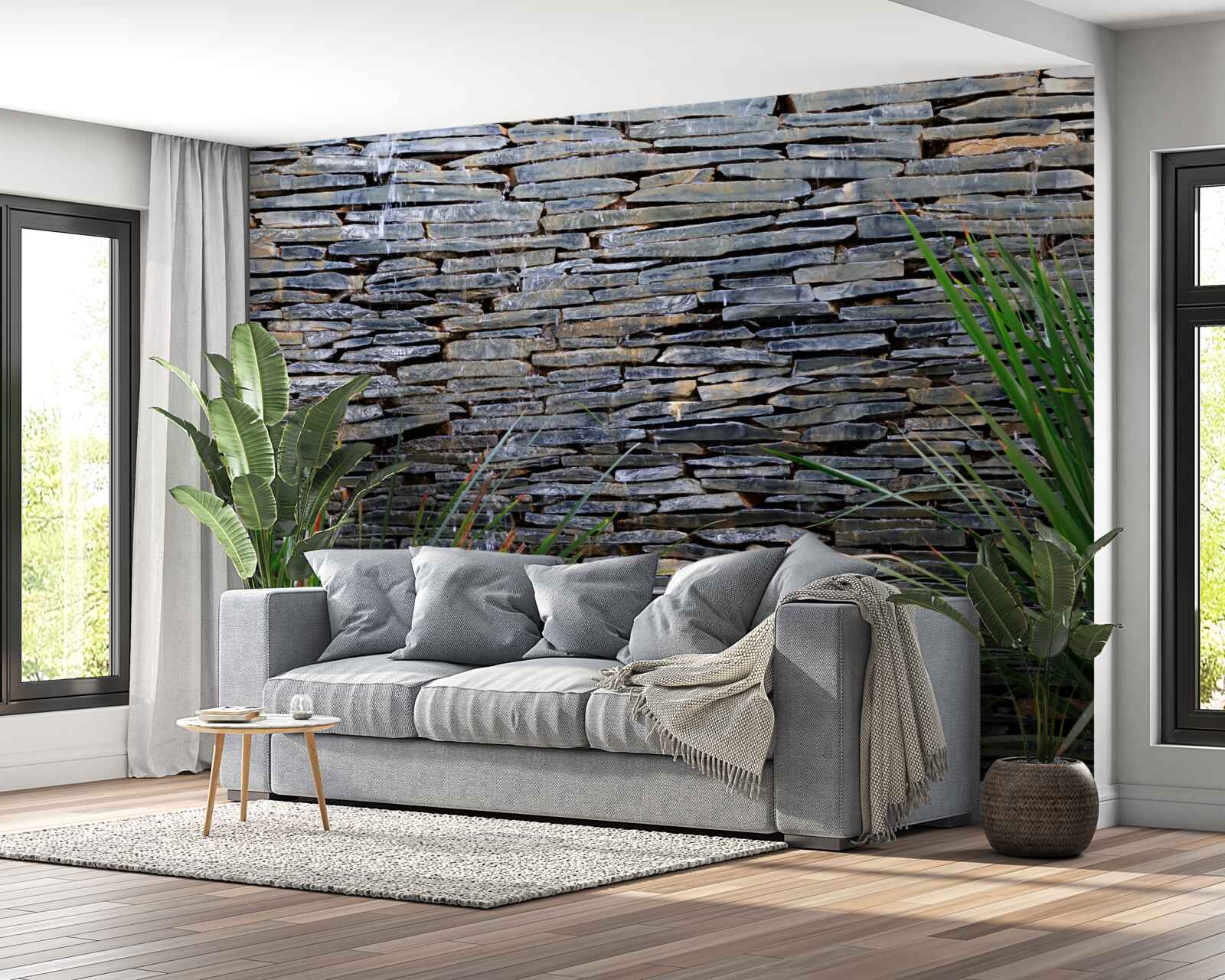 Fototapeta zielona roślinność i kamienna ściana