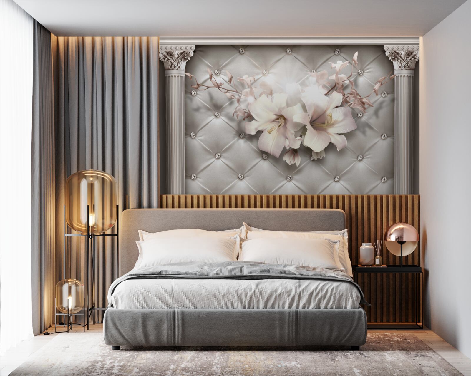 Fototapeta duże śnieżnobiałe lilie zdobiące ścianę