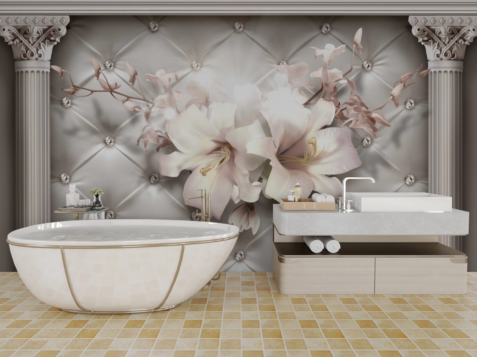 Fototapeta duże śnieżnobiałe lilie zdobiące ścianę