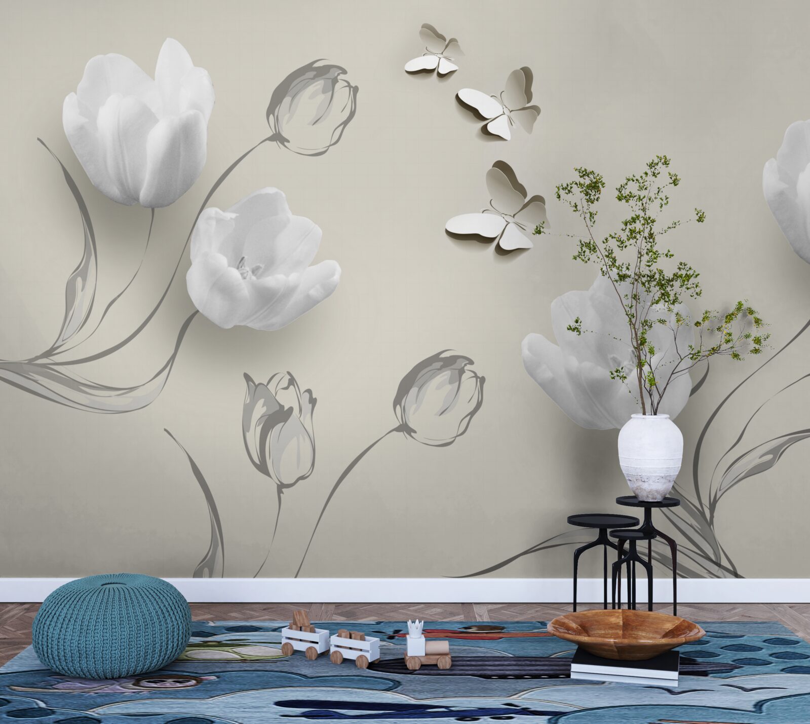 Fototapeta w pobliżu znajdują się czyste srebrne tulipany i motyle