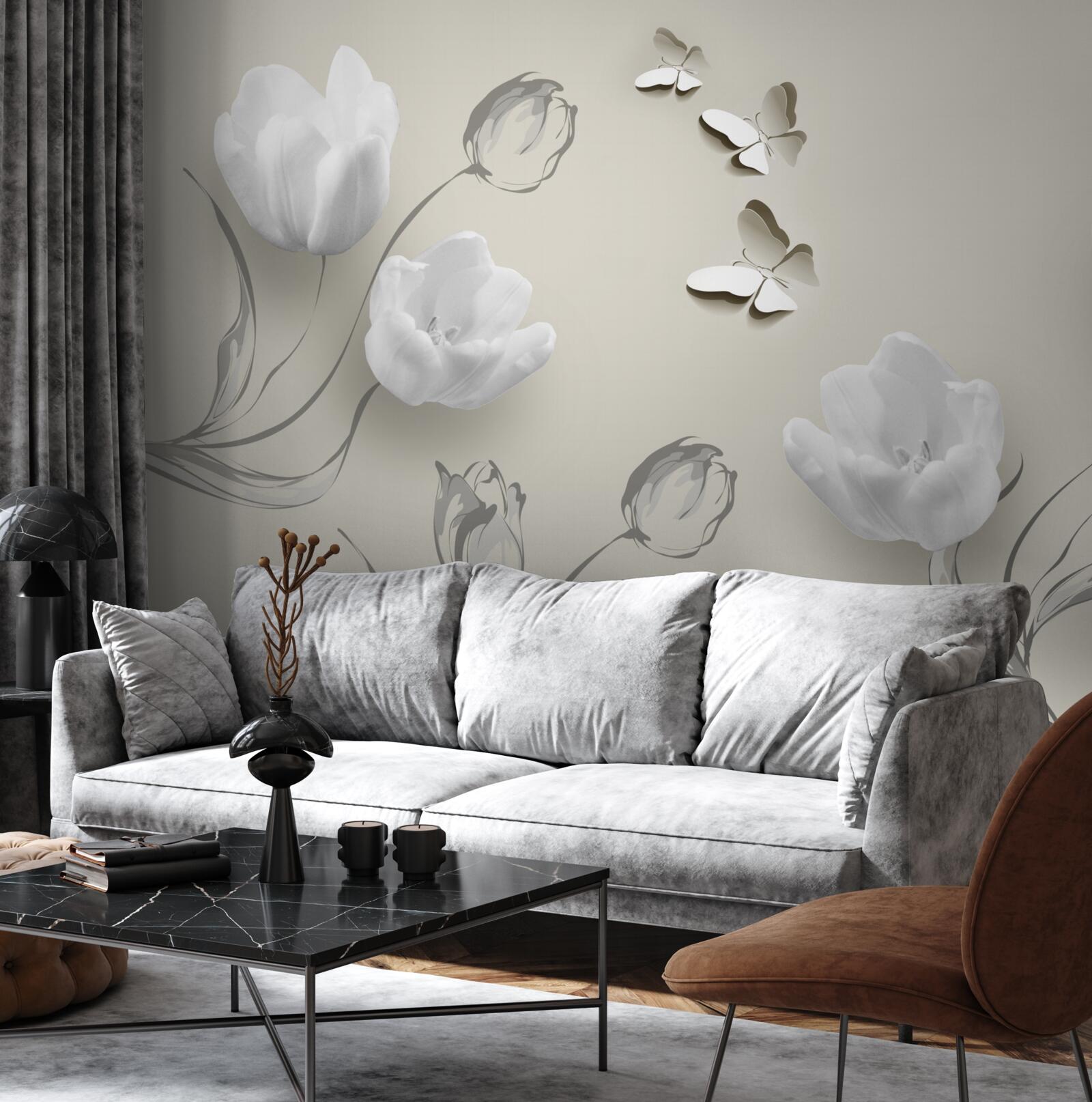 Fototapeta w pobliżu znajdują się czyste srebrne tulipany i motyle