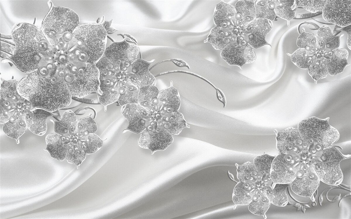 Fototapeta materiał satynowy w kolorze białym w szare kwiaty