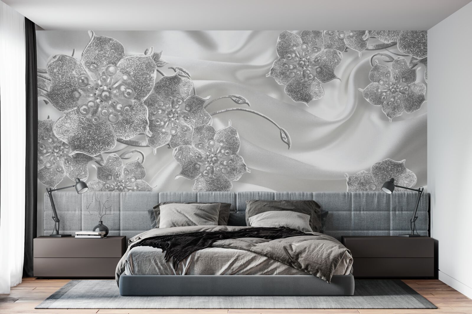 Fototapeta materiał satynowy w kolorze białym w szare kwiaty