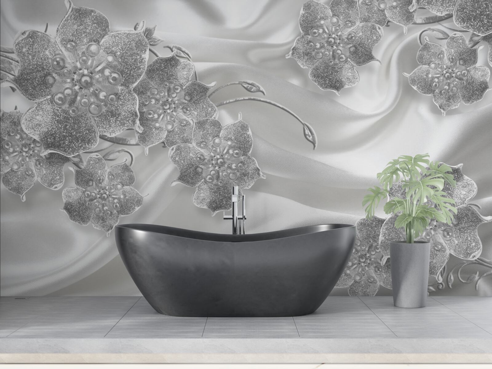 Fototapeta materiał satynowy w kolorze białym w szare kwiaty