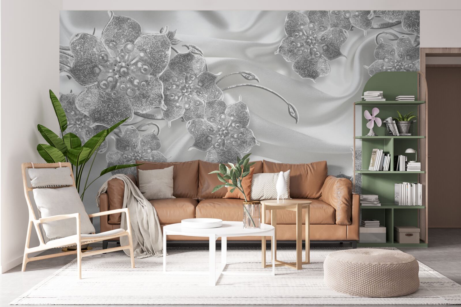 Fototapeta materiał satynowy w kolorze białym w szare kwiaty