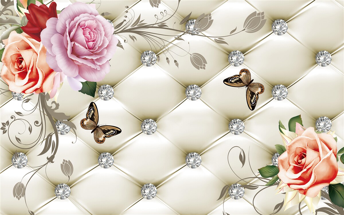 Fototapeta Ściana ozdobiona różami i motylami na białym, pikowanym tle