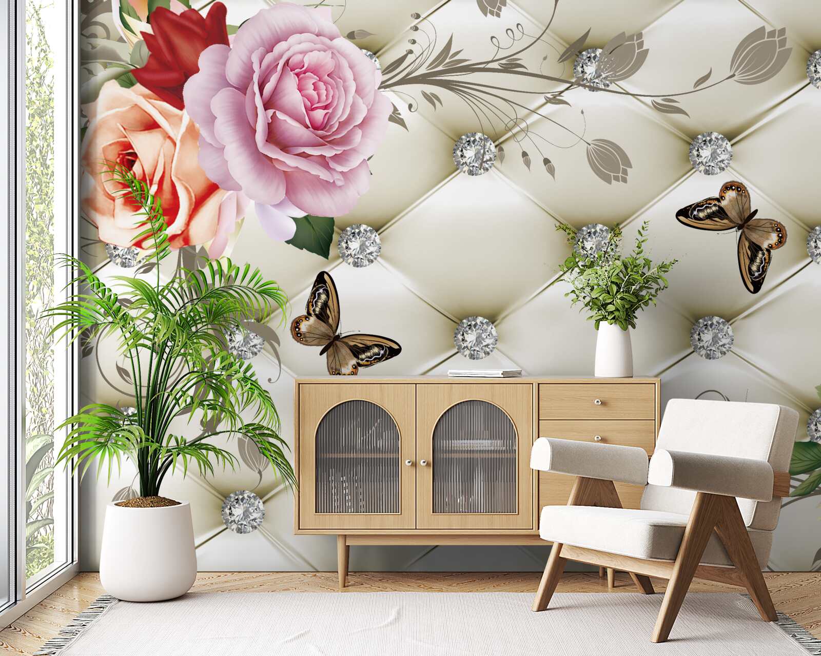 Fototapeta Ściana ozdobiona różami i motylami na białym, pikowanym tle