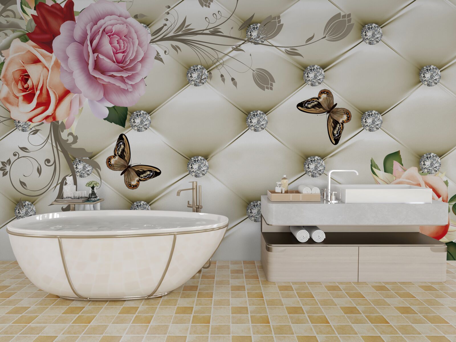 Fototapeta Ściana ozdobiona różami i motylami na białym, pikowanym tle