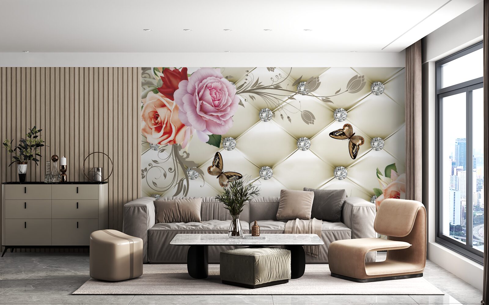 Fototapeta Ściana ozdobiona różami i motylami na białym, pikowanym tle