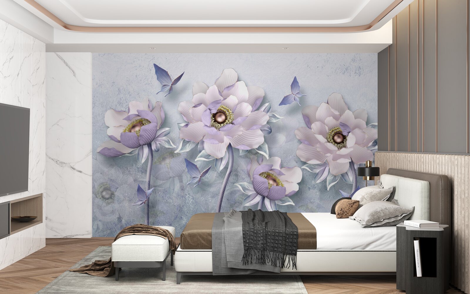 Fototapeta fioletowe motyle i kwiaty o wyjątkowej delikatności