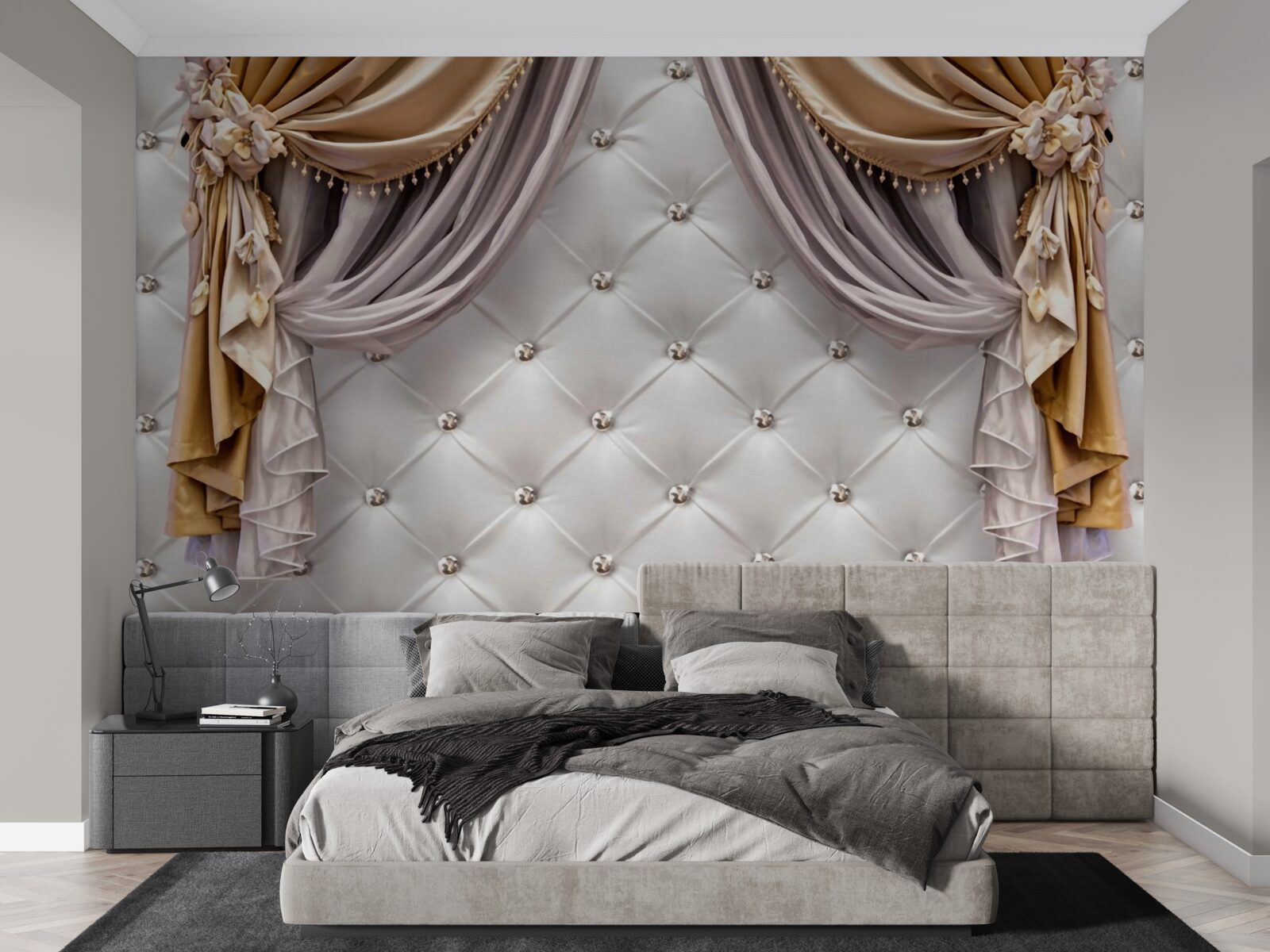 Fototapeta biała pikowana ściana i zasłony