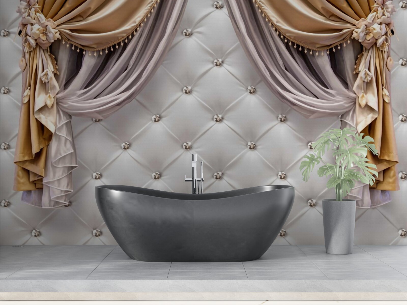 Fototapeta biała pikowana ściana i zasłony