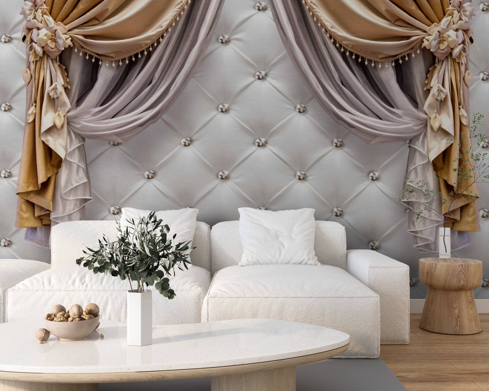 Fototapeta biała pikowana ściana i zasłony