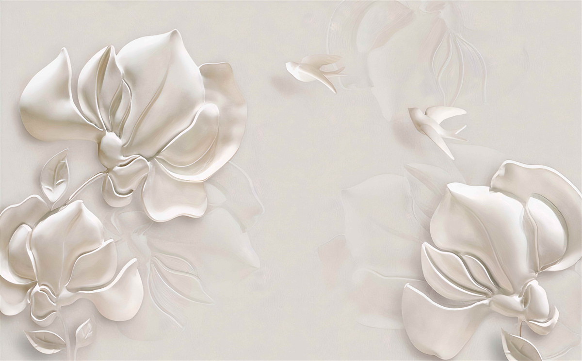 Fototapeta ptaszki i kwiaty wykonane z białego materiału