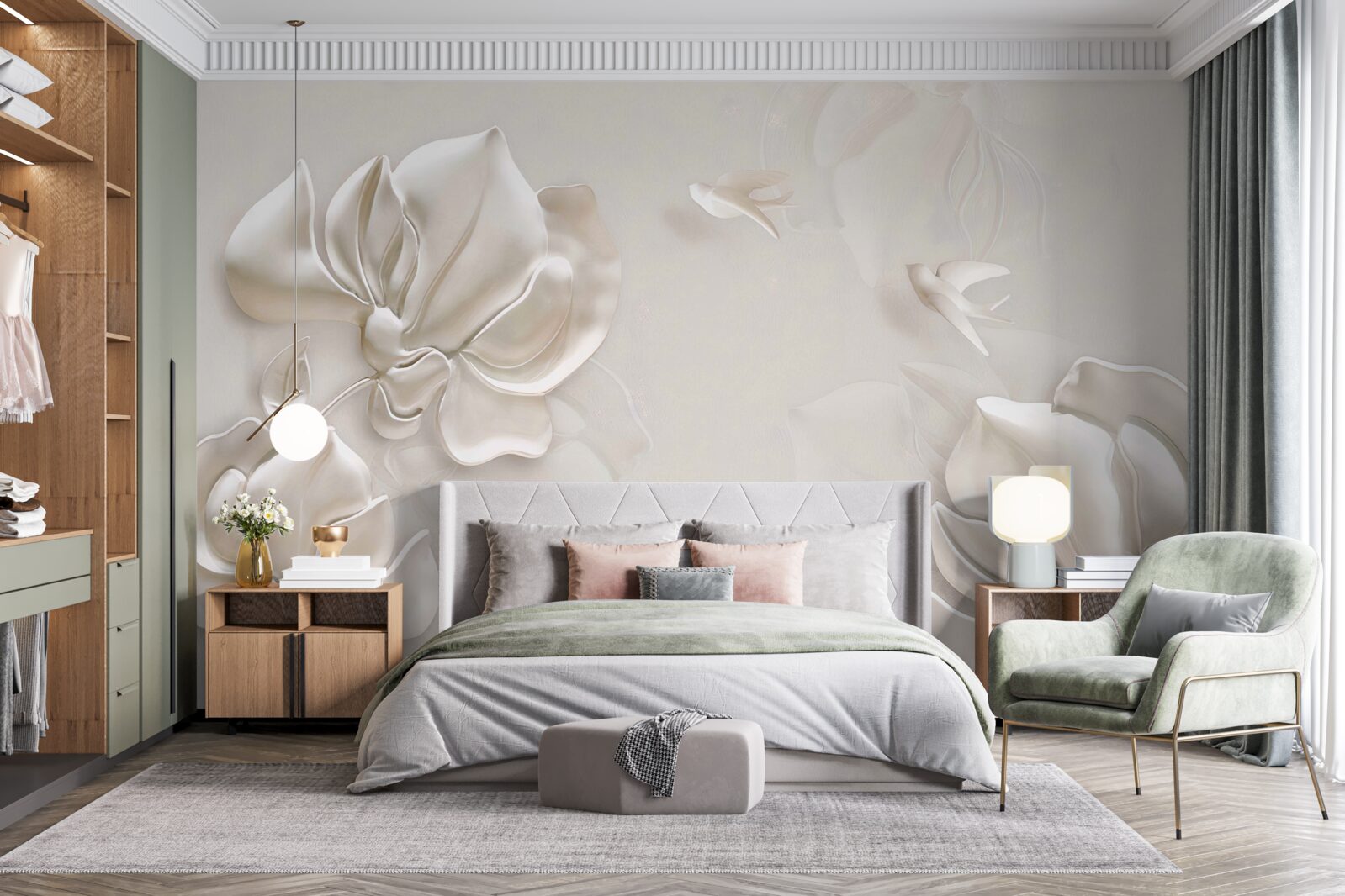 Fototapeta ptaszki i kwiaty wykonane z białego materiału