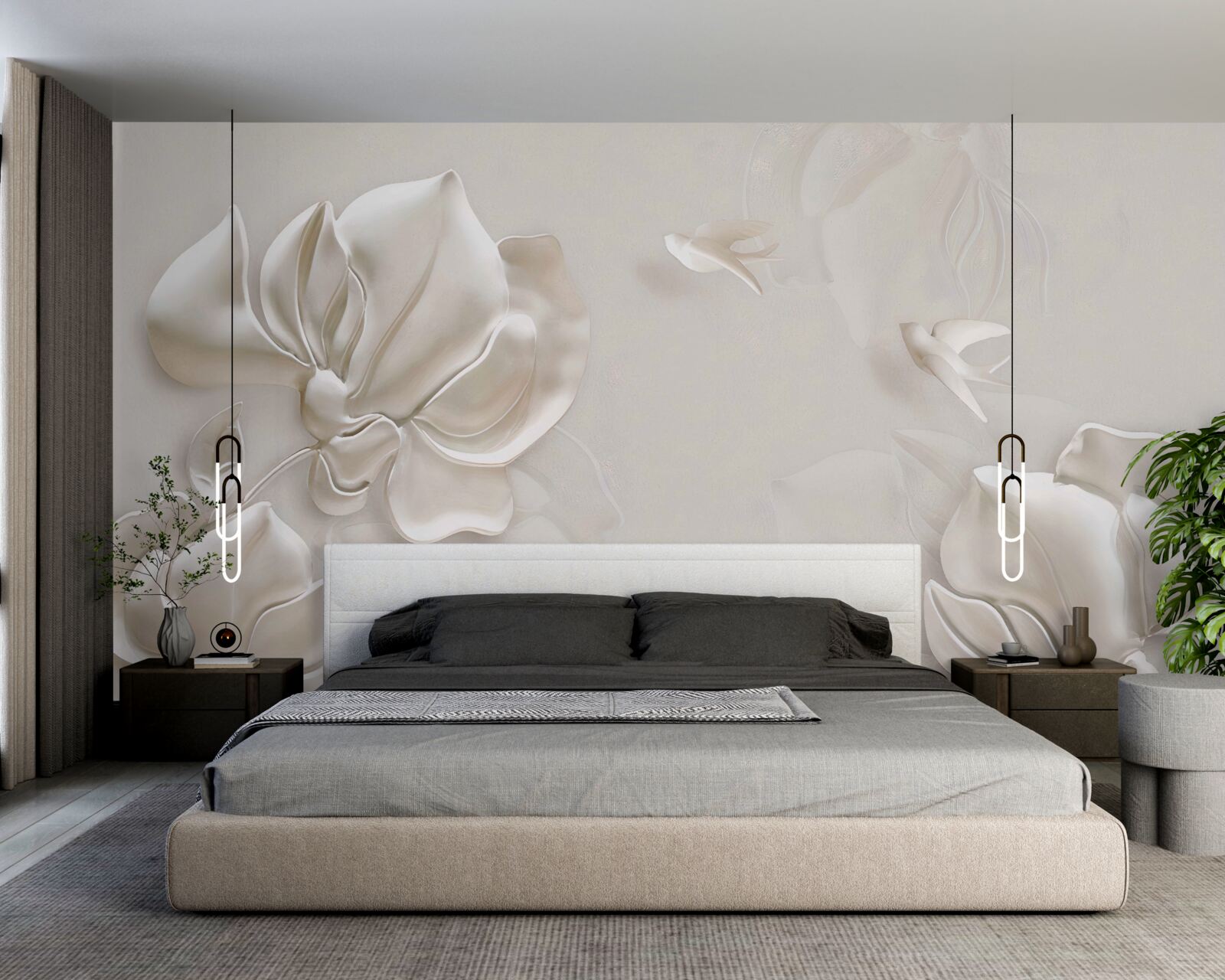 Fototapeta ptaszki i kwiaty wykonane z białego materiału