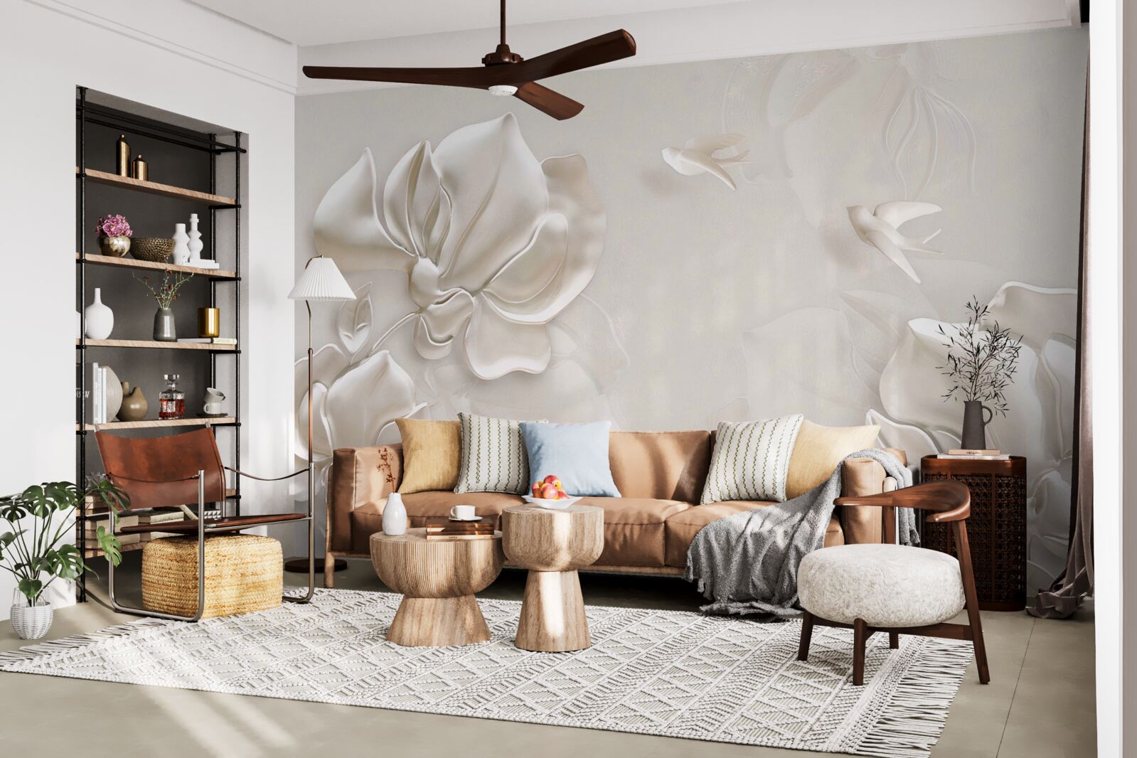 Fototapeta ptaszki i kwiaty wykonane z białego materiału