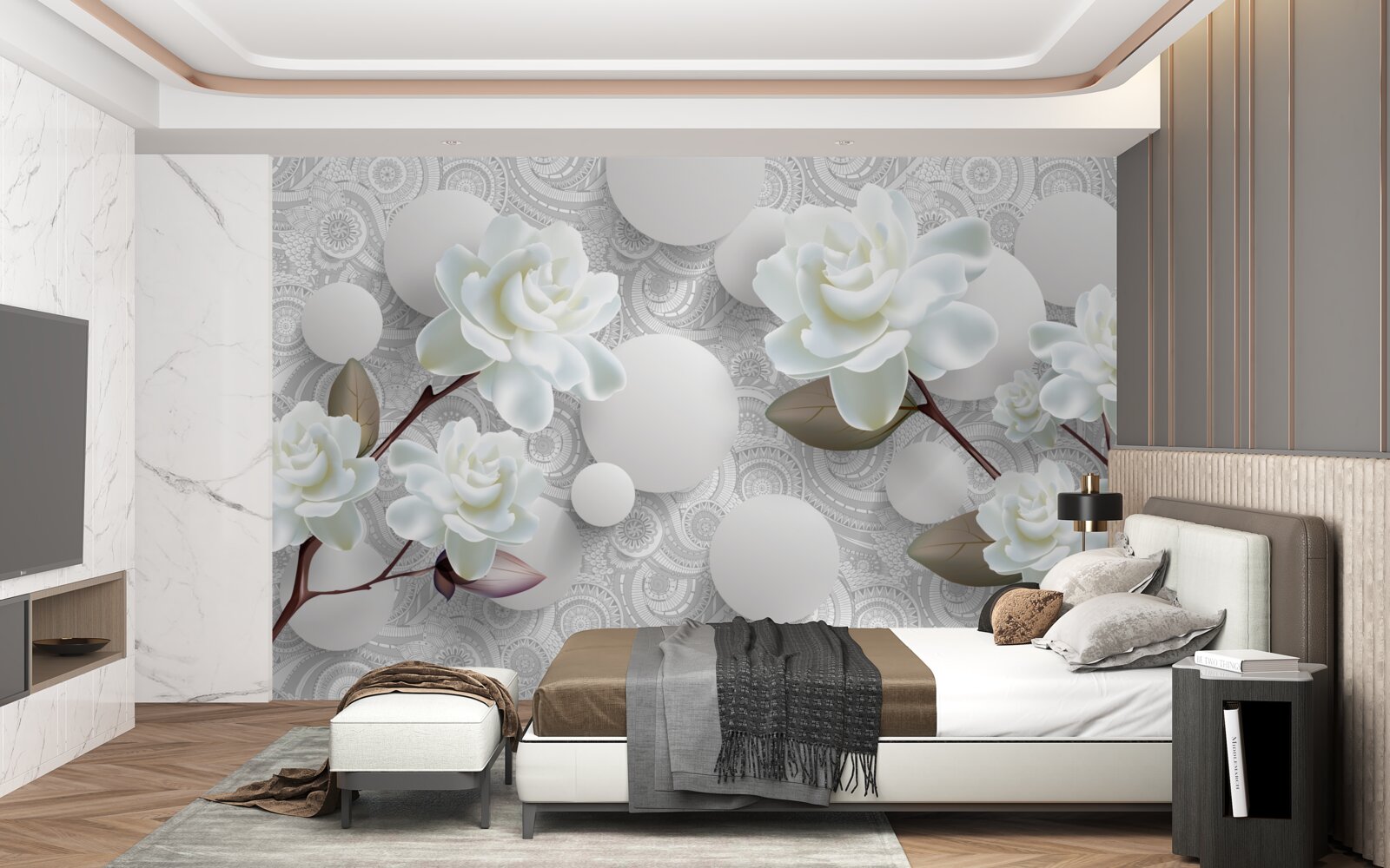 Fototapeta koła i śnieżnobiałe róże