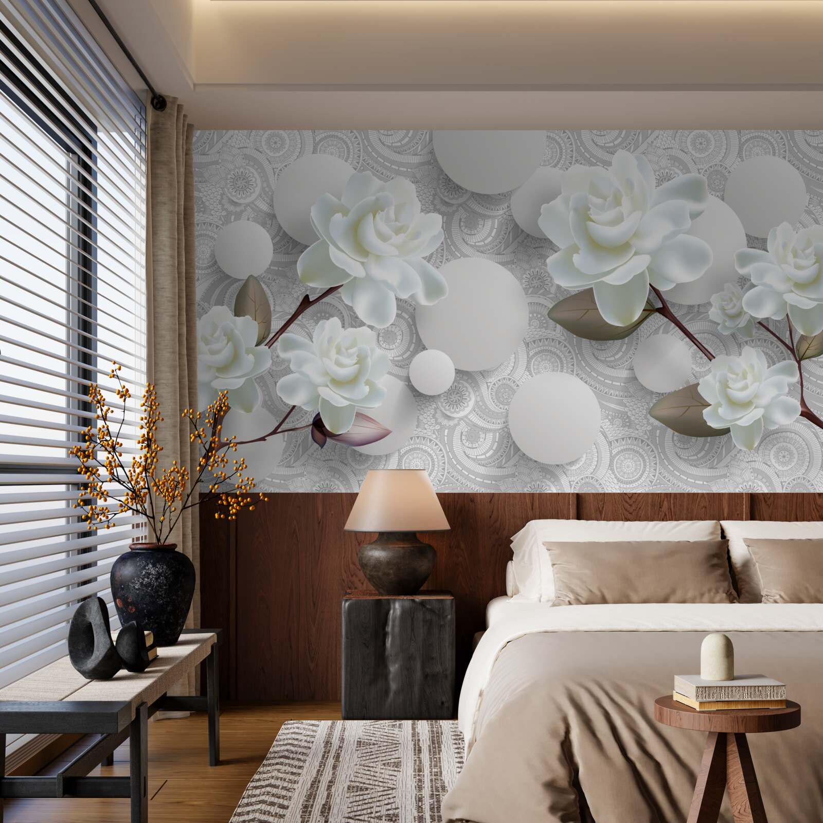 Fototapeta koła i śnieżnobiałe róże