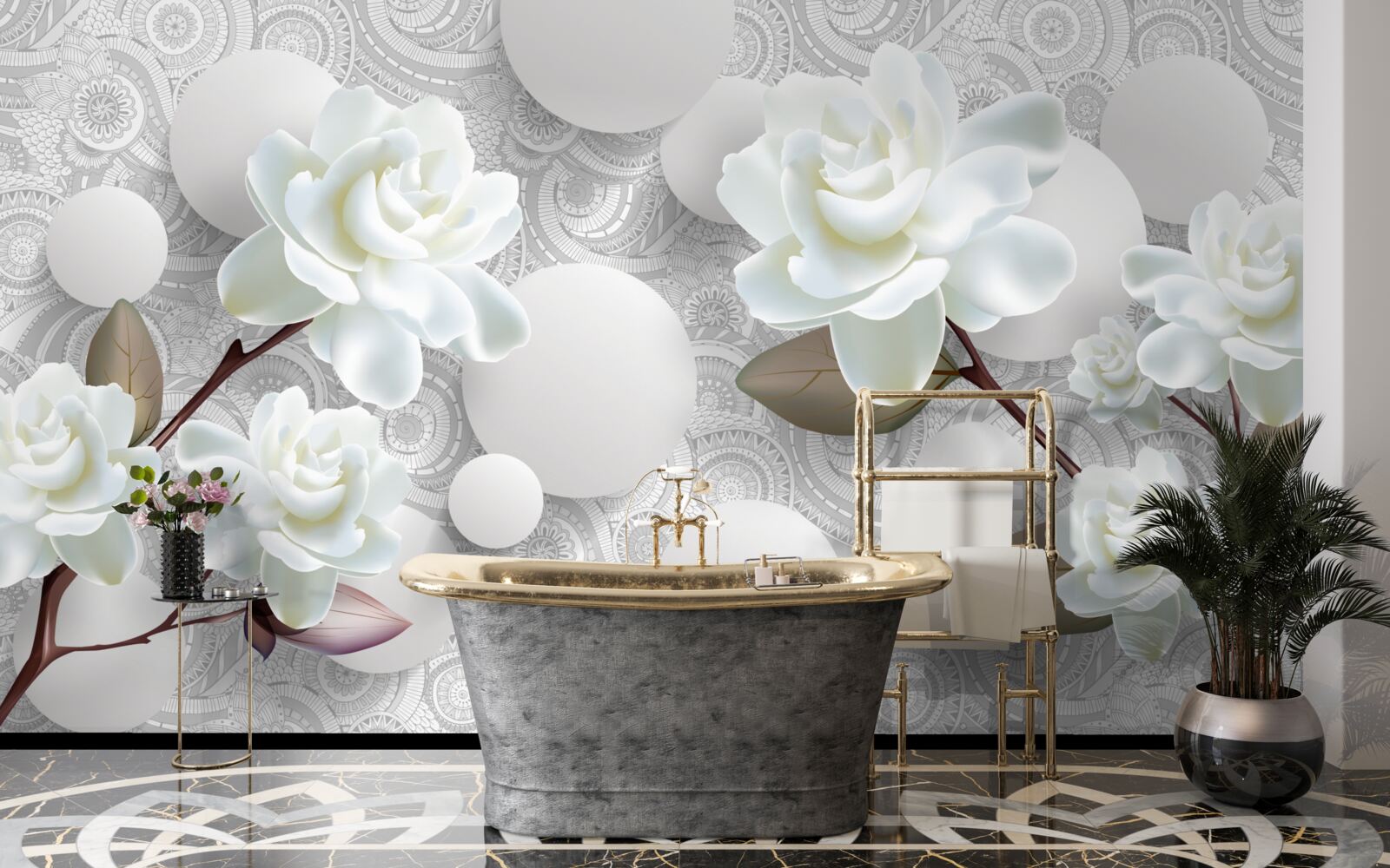 Fototapeta koła i śnieżnobiałe róże