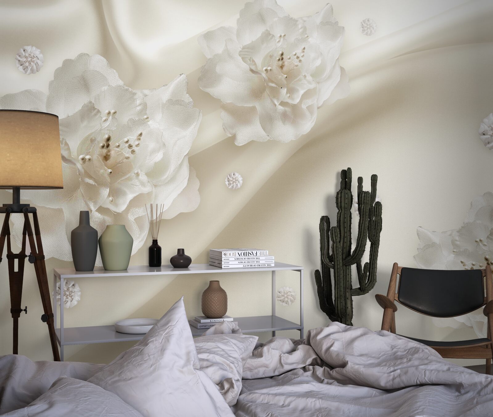 Fototapeta na tkaninie znajdują się delikatne białe różyczki