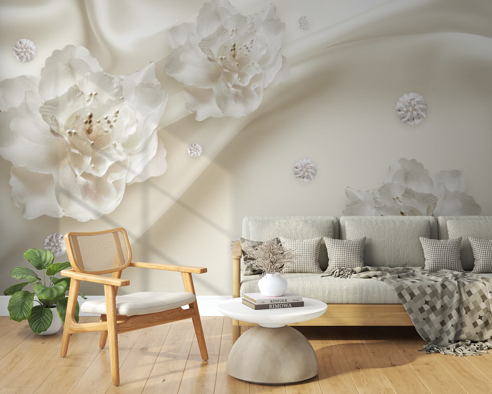 Fototapeta na tkaninie znajdują się delikatne białe różyczki