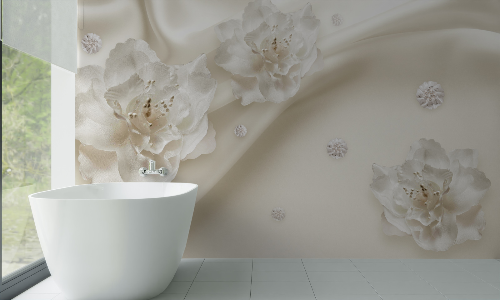 Fototapeta na tkaninie znajdują się delikatne białe różyczki