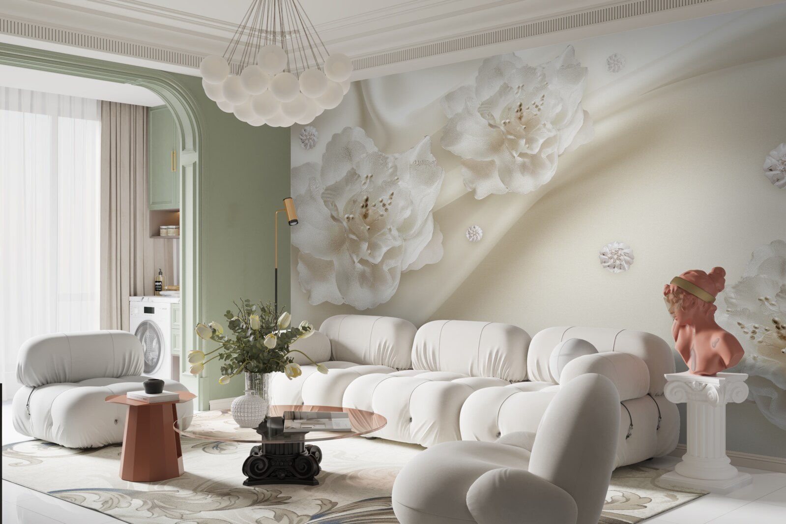 Fototapeta na tkaninie znajdują się delikatne białe różyczki