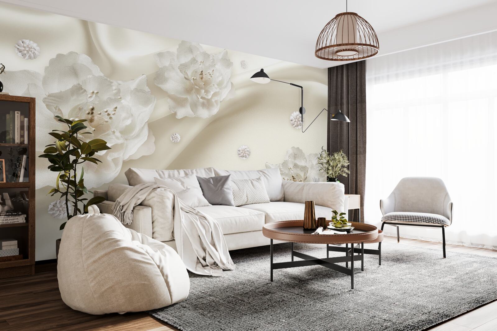 Fototapeta na tkaninie znajdują się delikatne białe różyczki