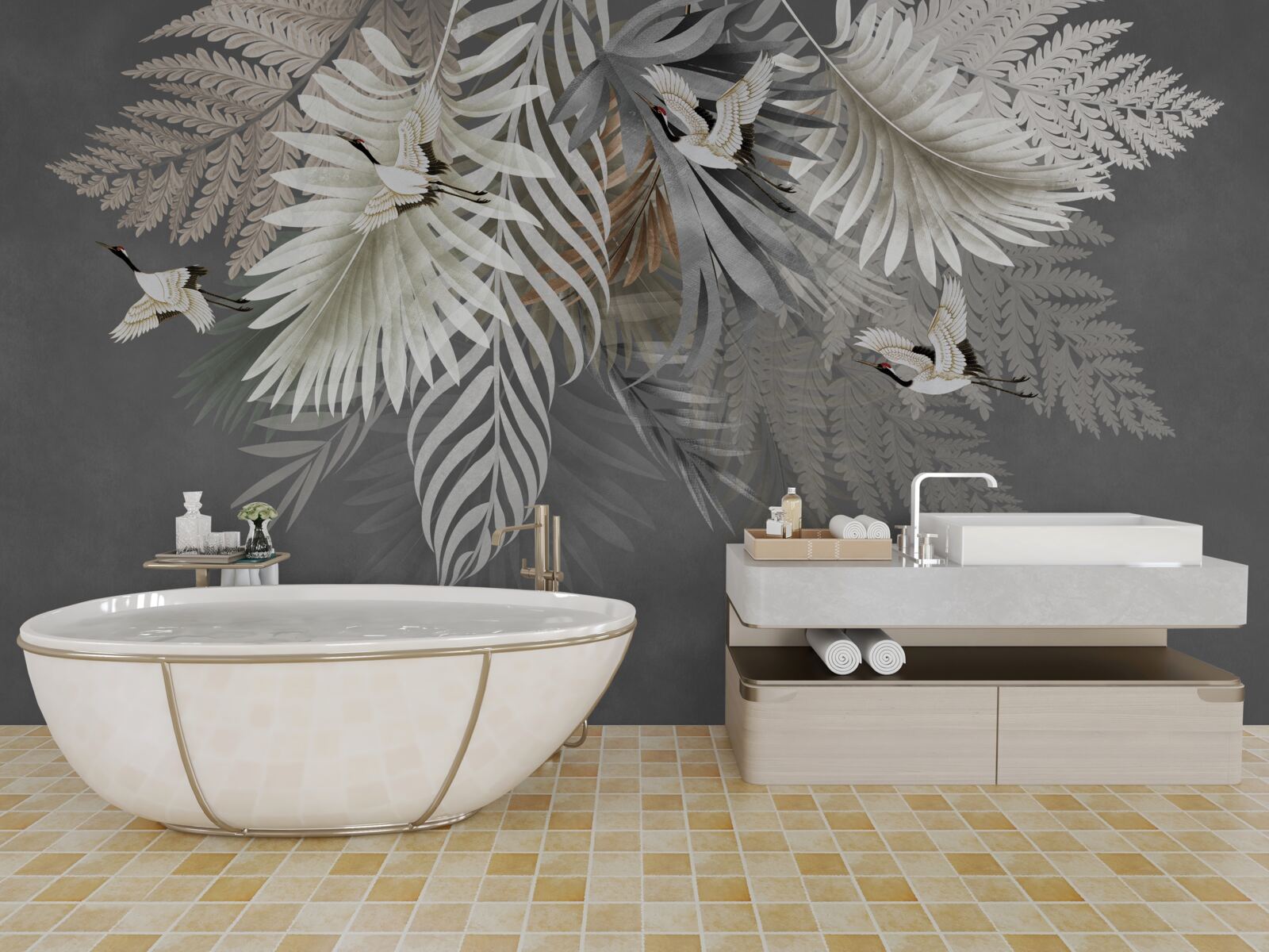 Fototapeta ogromne liście i pierzaste stworzenia