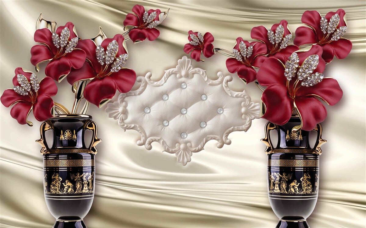 Fototapeta czarne wazony z czerwonymi liliami