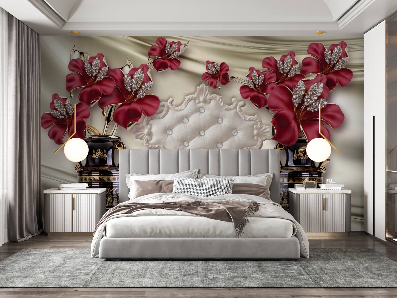 Fototapeta czarne wazony z czerwonymi liliami