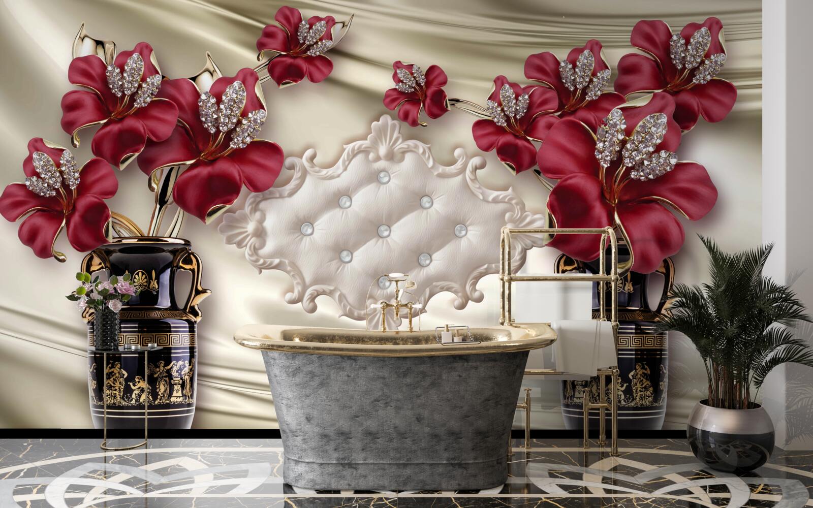 Fototapeta czarne wazony z czerwonymi liliami