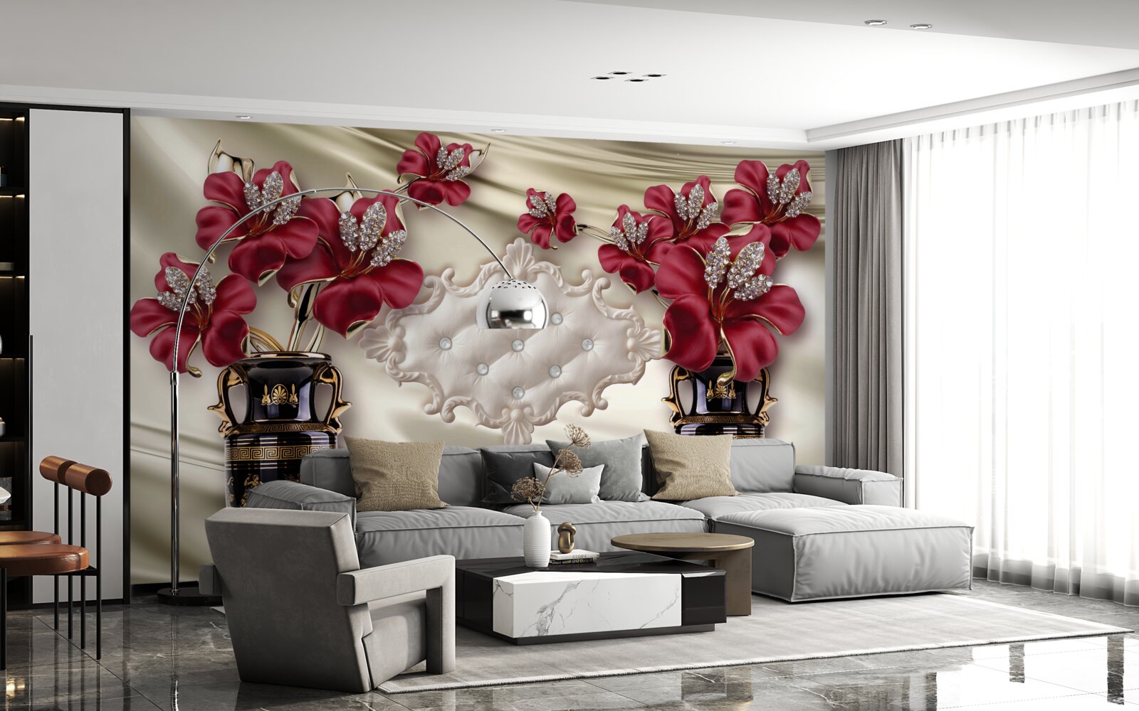 Fototapeta czarne wazony z czerwonymi liliami