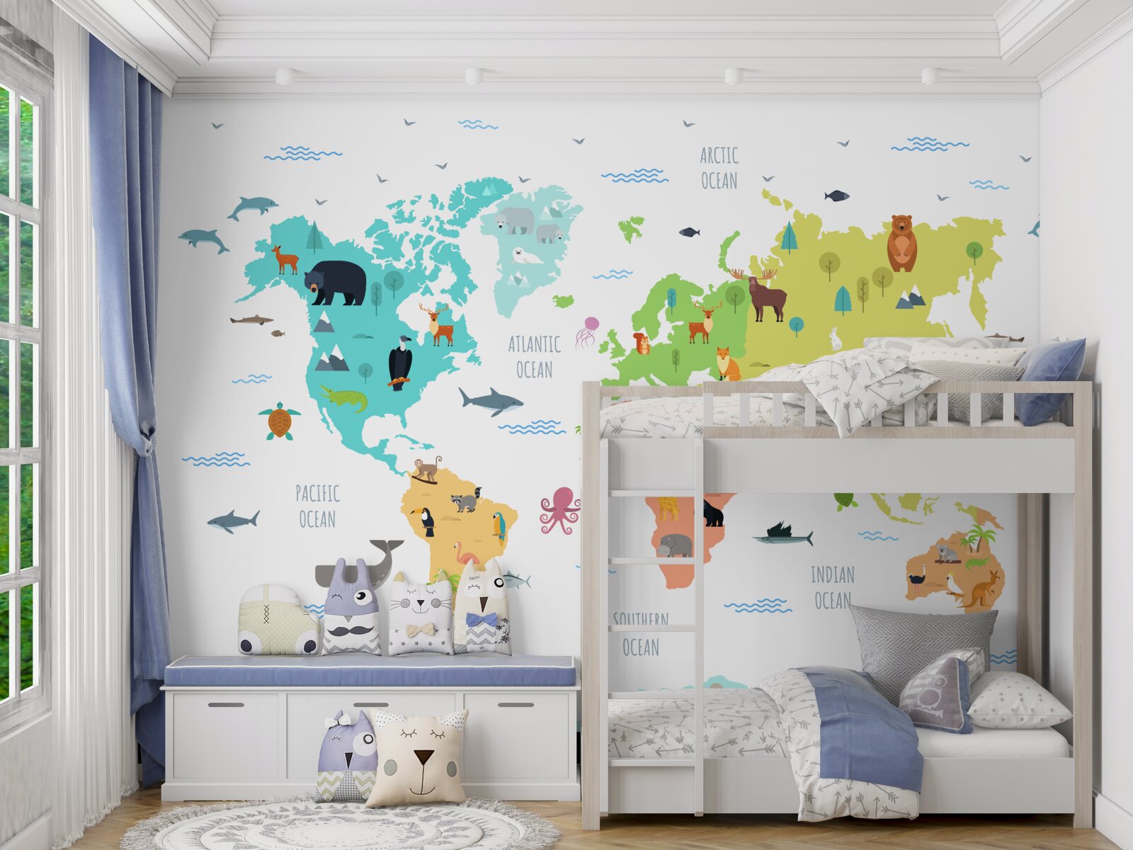 Fototapeta wielobarwna mapa świata z przedstawicielami fauny