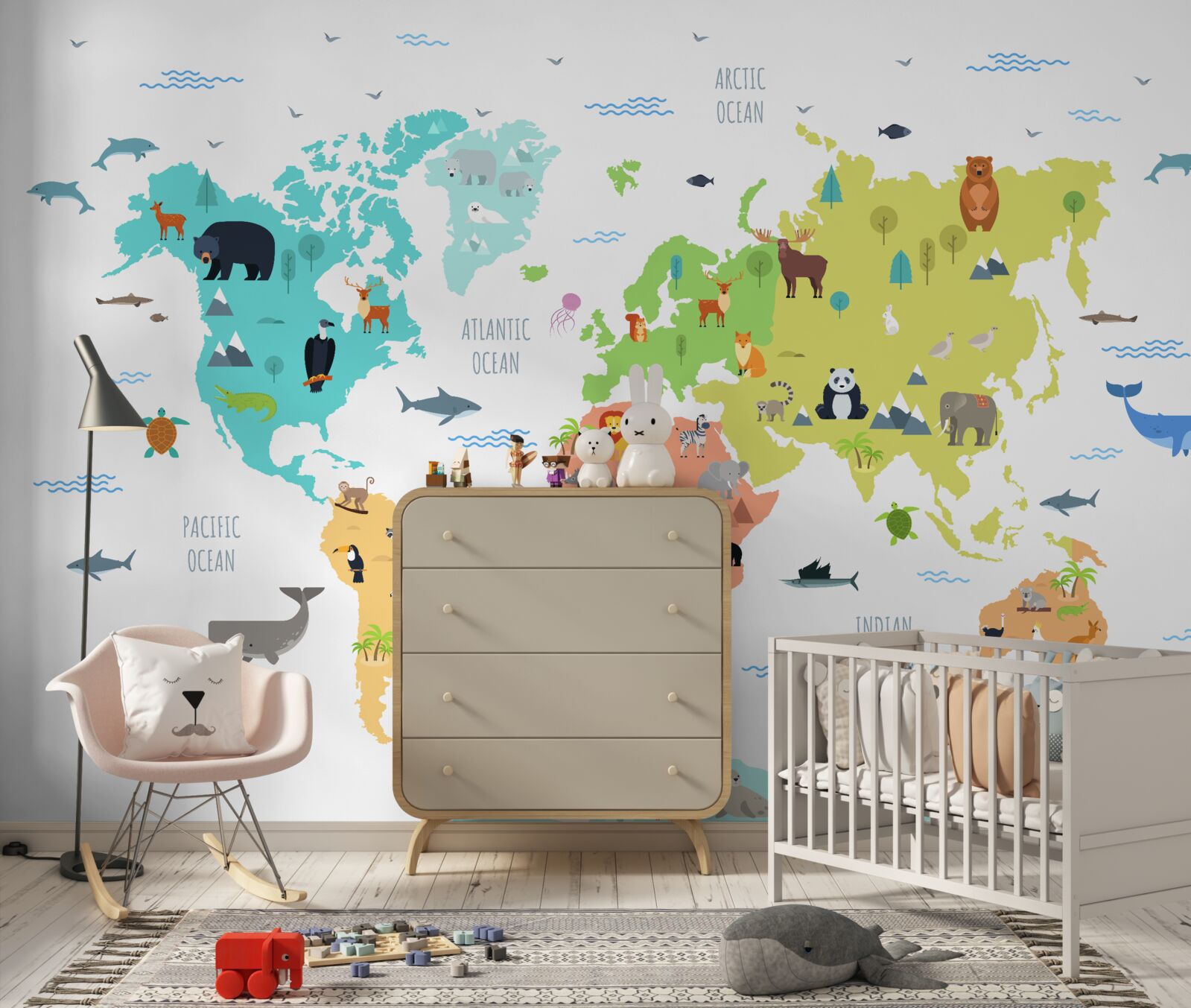 Fototapeta wielobarwna mapa świata z przedstawicielami fauny