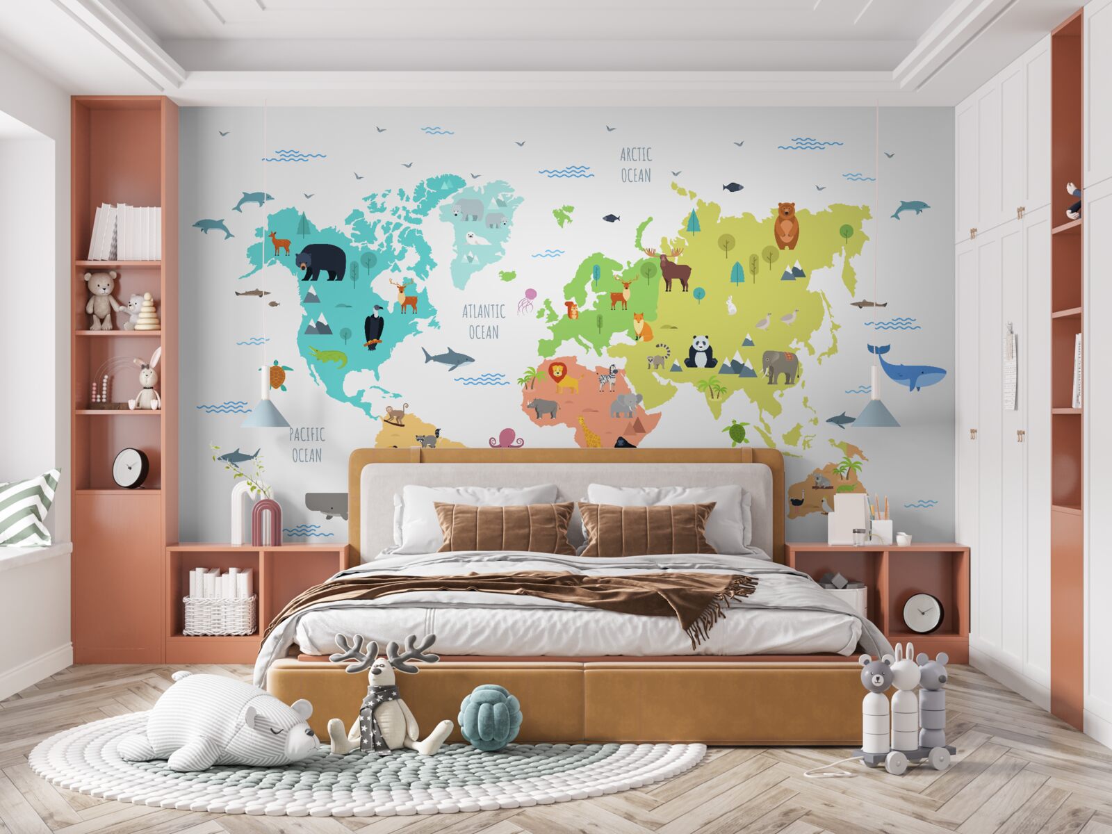 Fototapeta wielobarwna mapa świata z przedstawicielami fauny