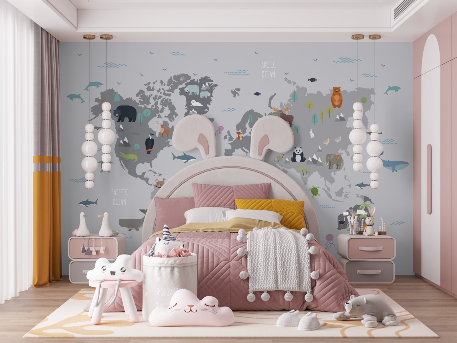 Fototapeta szara mapa świata z wizerunkami zwierząt