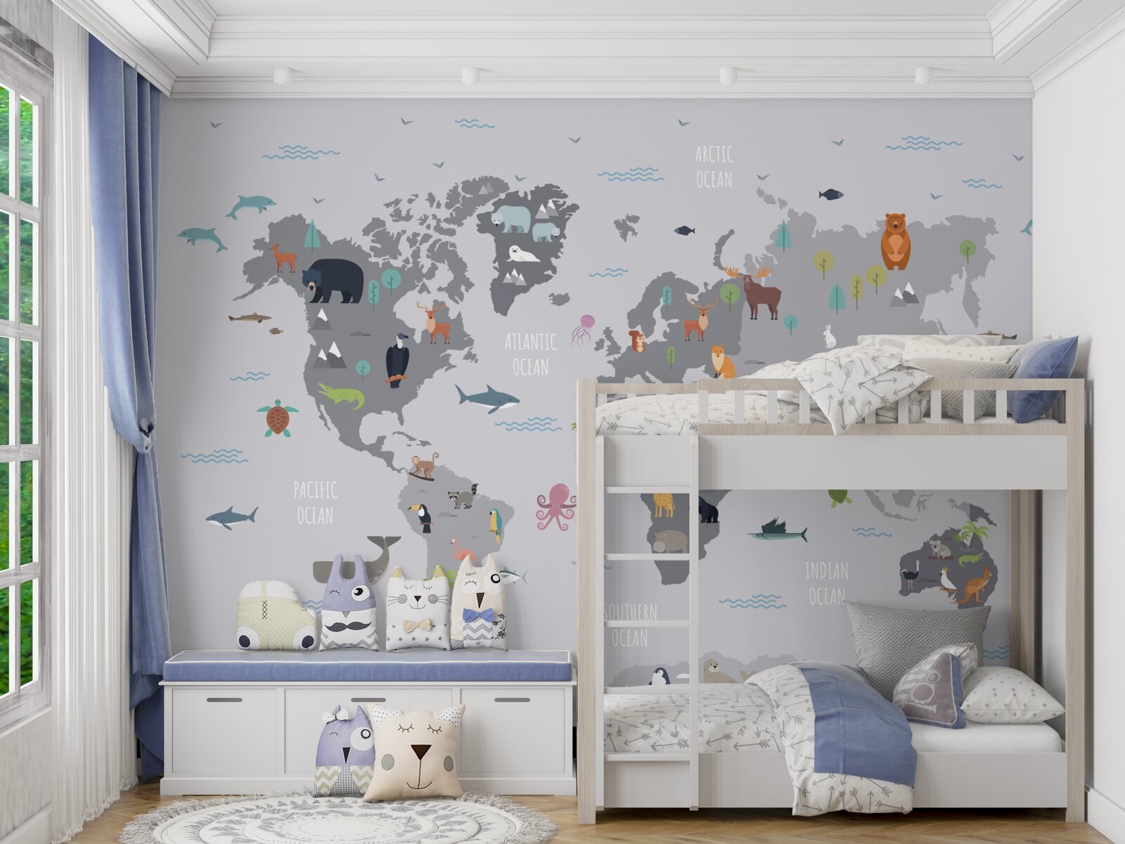 Fototapeta szara mapa świata z wizerunkami zwierząt