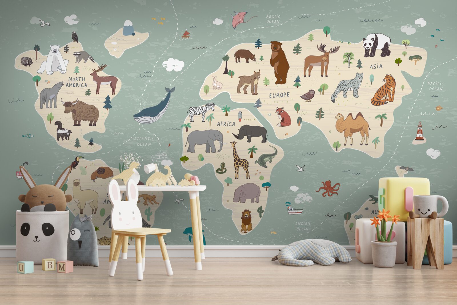 Fototapeta mapa świata pokazuje mnóstwo różnych zwierząt