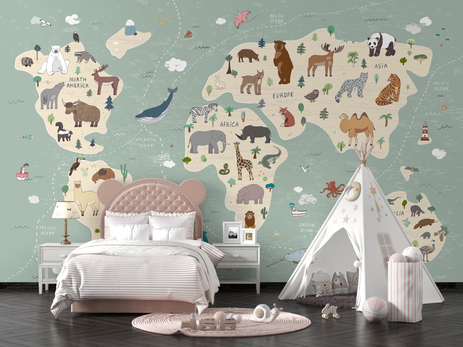 Fototapeta mapa świata pokazuje mnóstwo różnych zwierząt