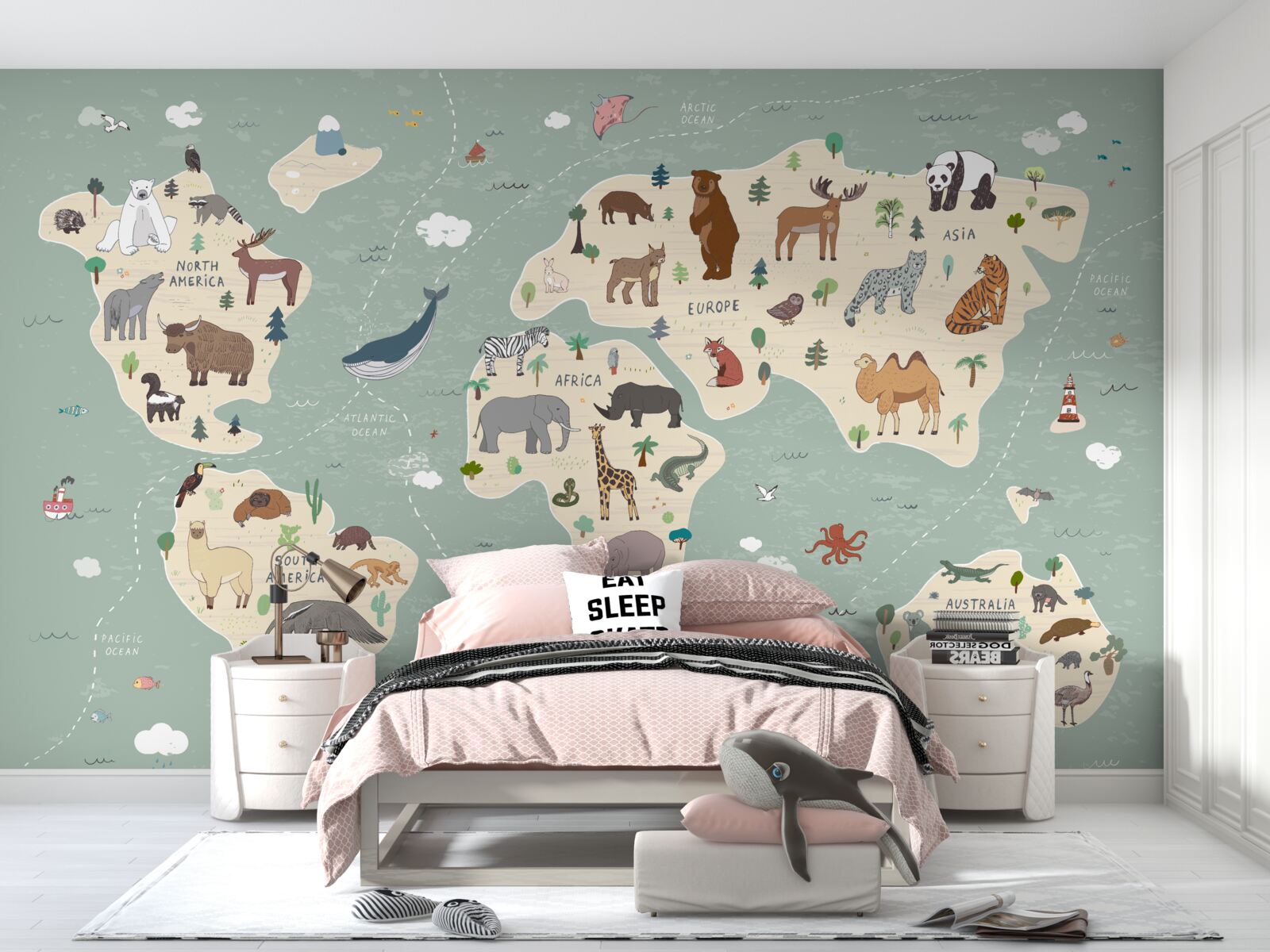 Fototapeta mapa świata pokazuje mnóstwo różnych zwierząt
