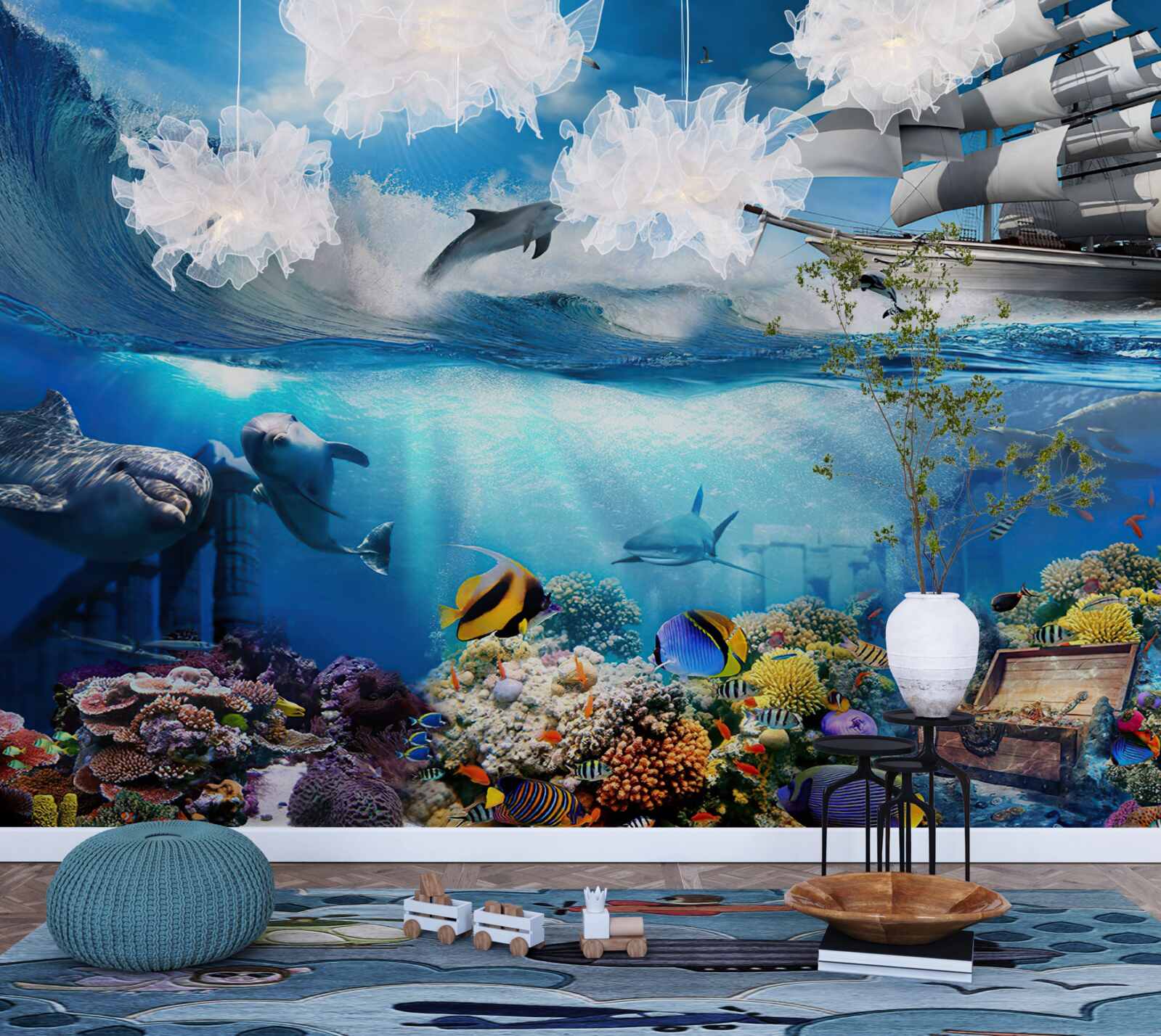 Fototapeta statek i wodny wszechświat pod nim