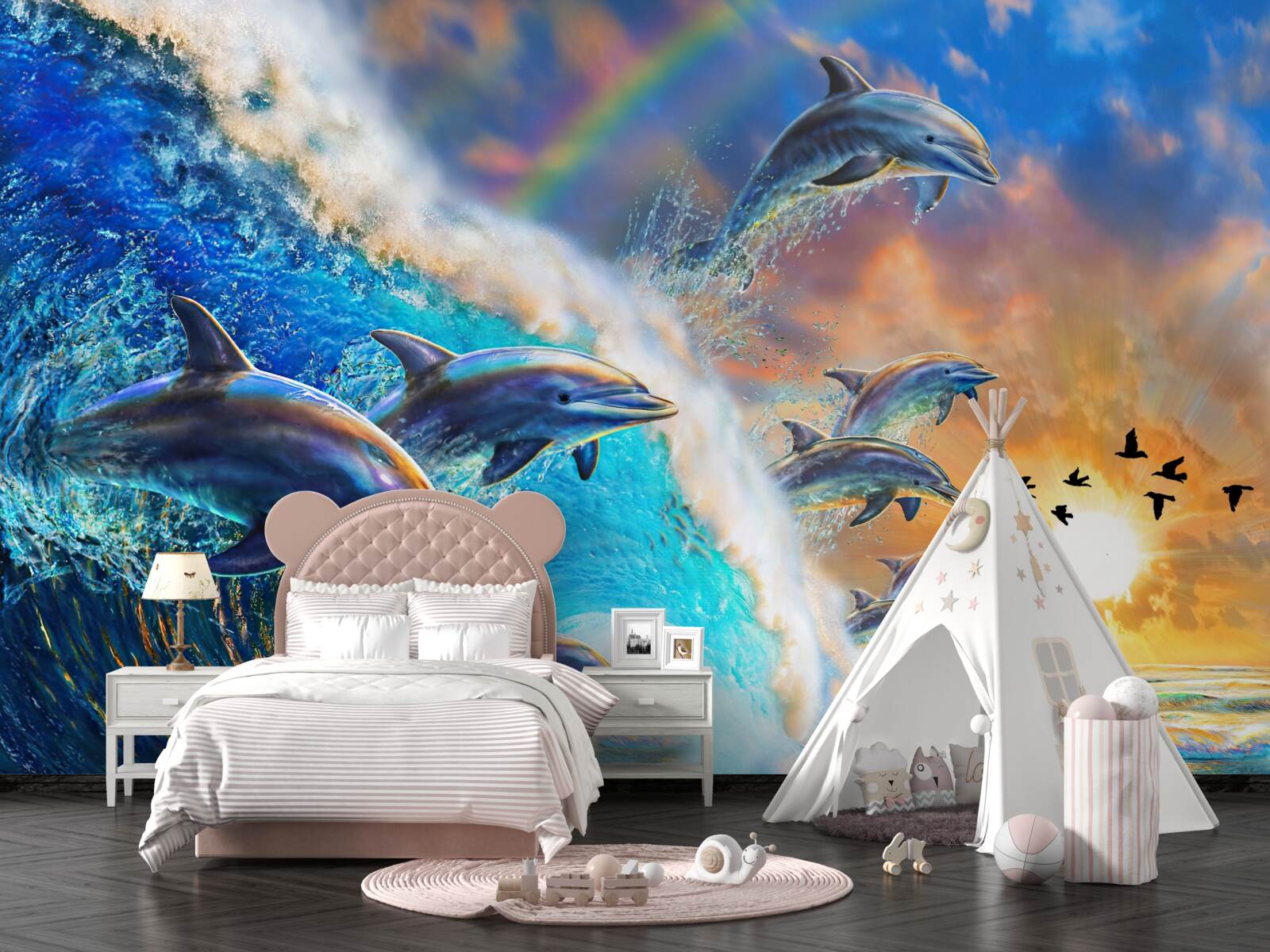 Fototapeta o zachodzie słońca delfiny wyskakują z wody