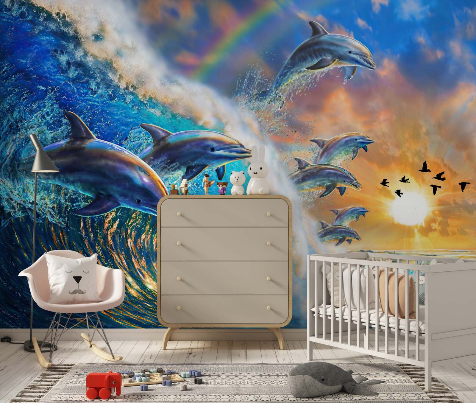 Fototapeta o zachodzie słońca delfiny wyskakują z wody